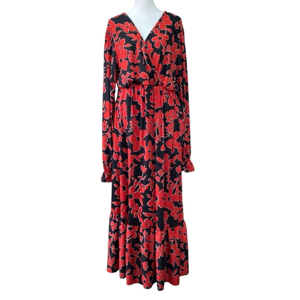 Haptics It's‎ A Match Black &  Red Floral Long Sleeve Maxi Dress (Size 3X)